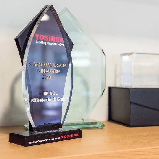 Toshiba erfolgreiche Verkaufsurkunde 2011 auf Regal mit Kunstwerk