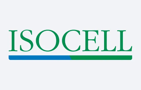 ISOCELL-Logo mit grüner Schrift und blau-grünem Unterstrich