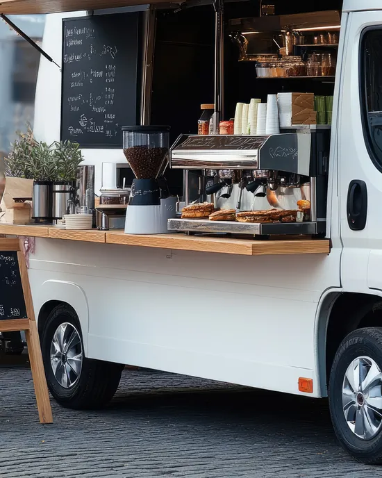 Weißer Imbisswagen mit offener Theke, der Kaffee und Gebäck auf der Straße serviert