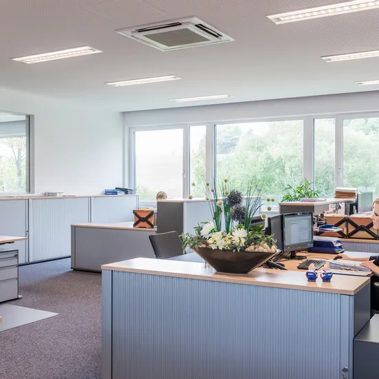 Modernes Großraumbüro mit Mitarbeitern, die an Schreibtischen im natürlichen Licht arbeiten