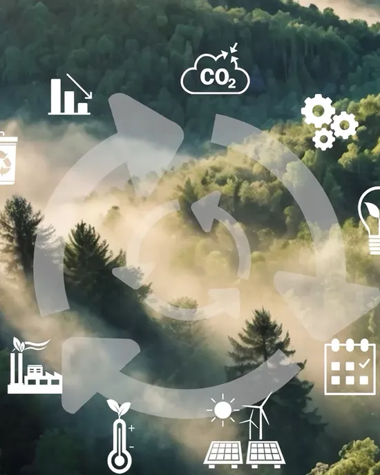 Nachhaltigkeitssymbole wie Recycling und Solarenergie über einem nebligen Wald