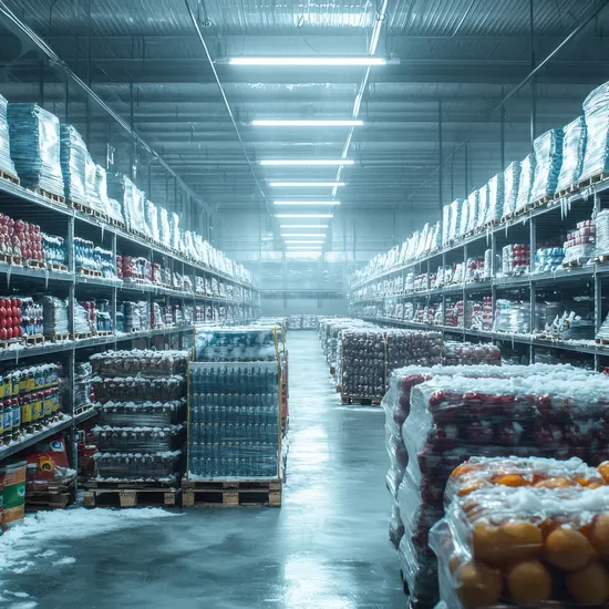 Lagergang mit gestapelten Paletten von verpackten Waren unter Leuchtstofflampen