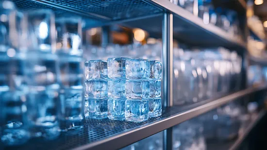 Gestapelte Eiswürfel auf einem Metallregal in einem Gewerbetiefkühler
