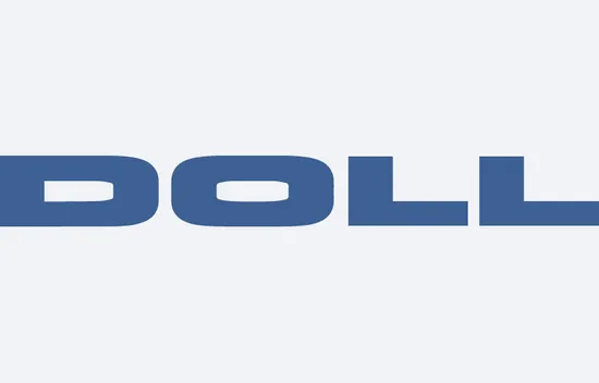 Blaues DOLL-Logo auf hellgrauem Hintergrund