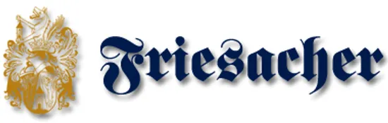 Friesacher-Logo mit kunstvollem goldenen Wappen und blauer gotischer Schrift