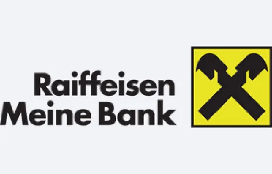 Raiffeisen Meine Bank Logo mit gekreuzten Hämmern auf gelbem Hintergrund