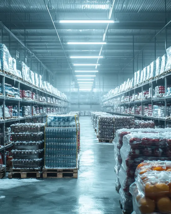 Lagergang mit gestapelten Paletten von verpackten Waren unter Leuchtstofflampen