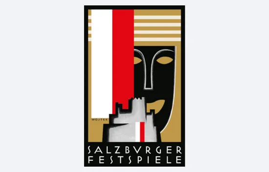 Stilisiertes Salzburger Festspiele Plakat mit abstraktem Gesicht und Rot-Weiß Design