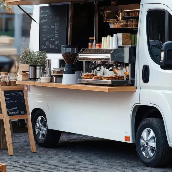 Weißer Imbisswagen mit offener Theke, der Kaffee und Gebäck auf der Straße serviert