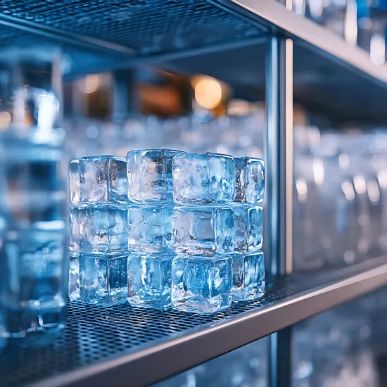 Gestapelte Eiswürfel auf einem Metallregal in einem Gewerbetiefkühler