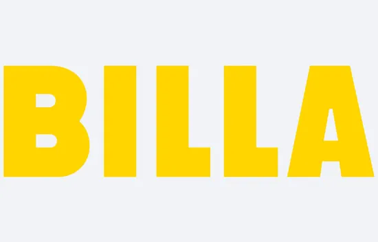 BILLA-Logo in fettgedruckten gelben Buchstaben auf weißem Hintergrund