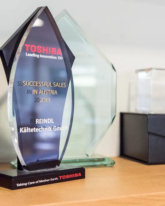 Toshiba erfolgreiche Verkaufsurkunde 2011 auf Regal mit Kunstwerk