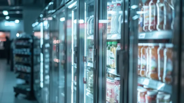 Supermarktgang mit beleuchtetem Kühlschrank voller Getränke