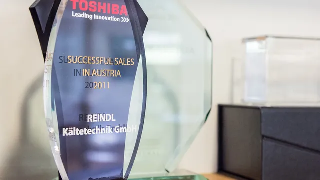 Toshiba erfolgreiche Verkaufsurkunde 2011 auf Regal mit Kunstwerk