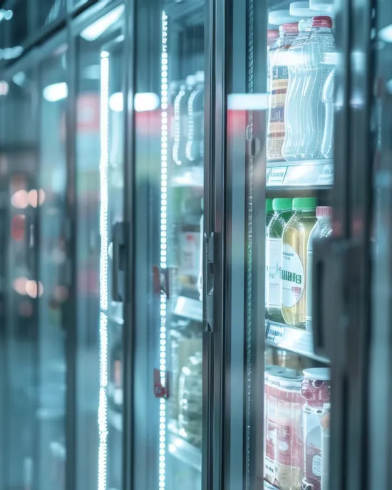 Supermarktgang mit beleuchtetem Kühlschrank voller Getränke