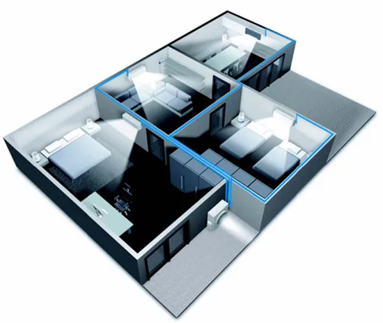 3D-Grundriss einer modernen Wohnung mit drei Schlafzimmern und blauen Lichteffekten