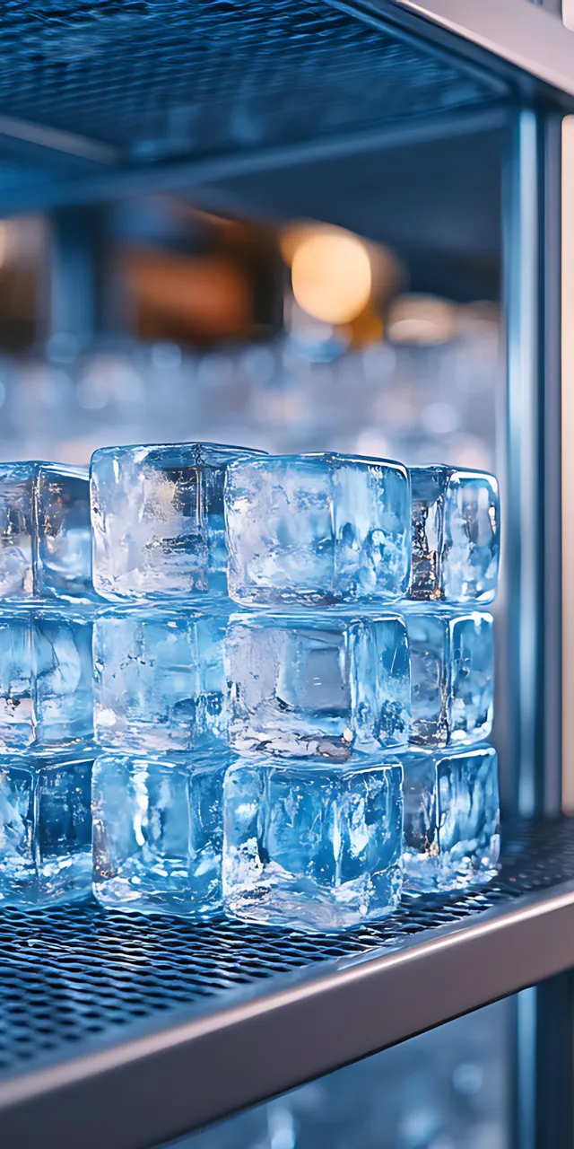 Gestapelte Eiswürfel auf einem Metallregal in einem Gewerbetiefkühler