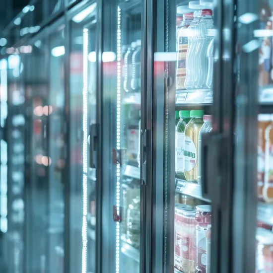 Supermarktgang mit beleuchtetem Kühlschrank voller Getränke