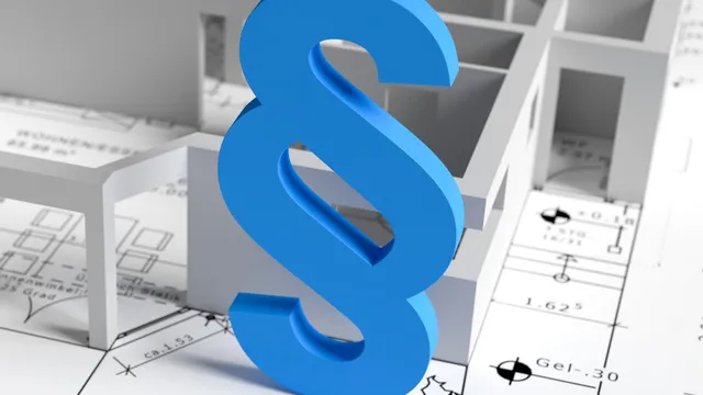 3D-Gebäudemodell auf Architekturplänen mit blauem Paragraphenzeichen