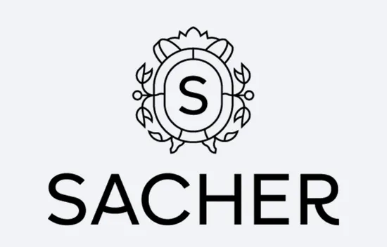 Sacher-Logo mit verziertem Buchstaben S in Schwarz-Weiß