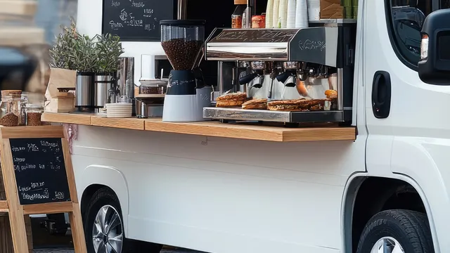 Weißer Imbisswagen mit offener Theke, der Kaffee und Gebäck auf der Straße serviert
