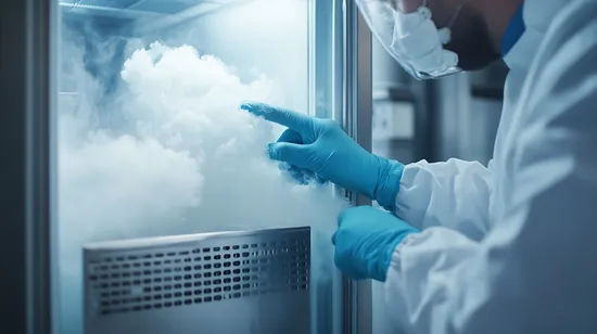 Wissenschaftler in Schutzkleidung untersucht frostige Kammer mit blauen Handschuhen