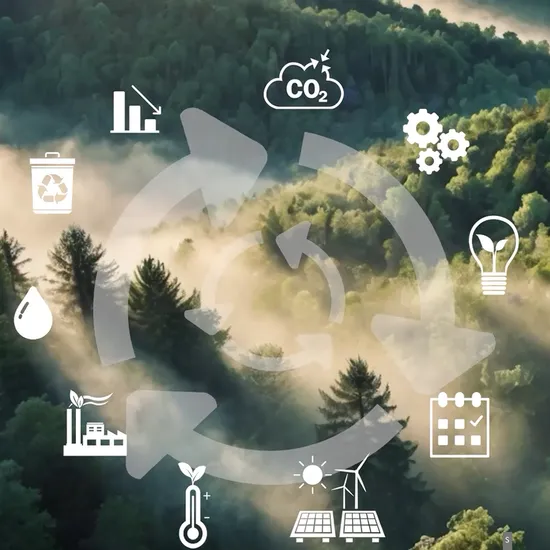 Nachhaltigkeitssymbole wie Recycling und Solarenergie über einem nebligen Wald