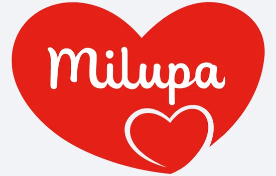 Milupa-Logo mit weißem Text auf einem großen roten Herz