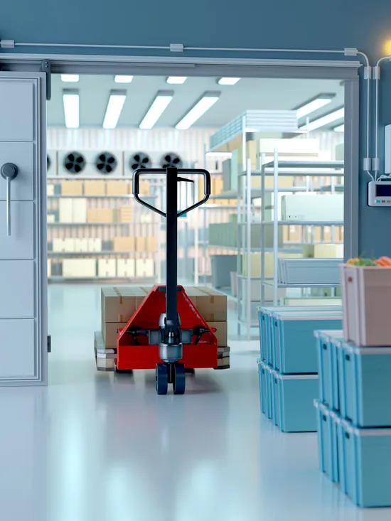 Kühlraum mit offener Tür, Hubwagen und Plastikboxen